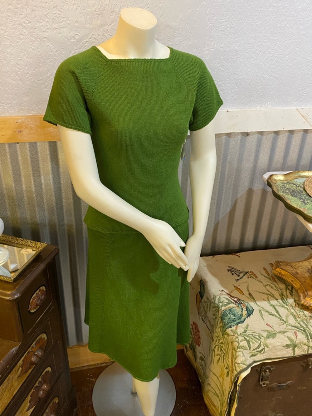 Vintage Olive Green Machine knitted blouse and skirt
